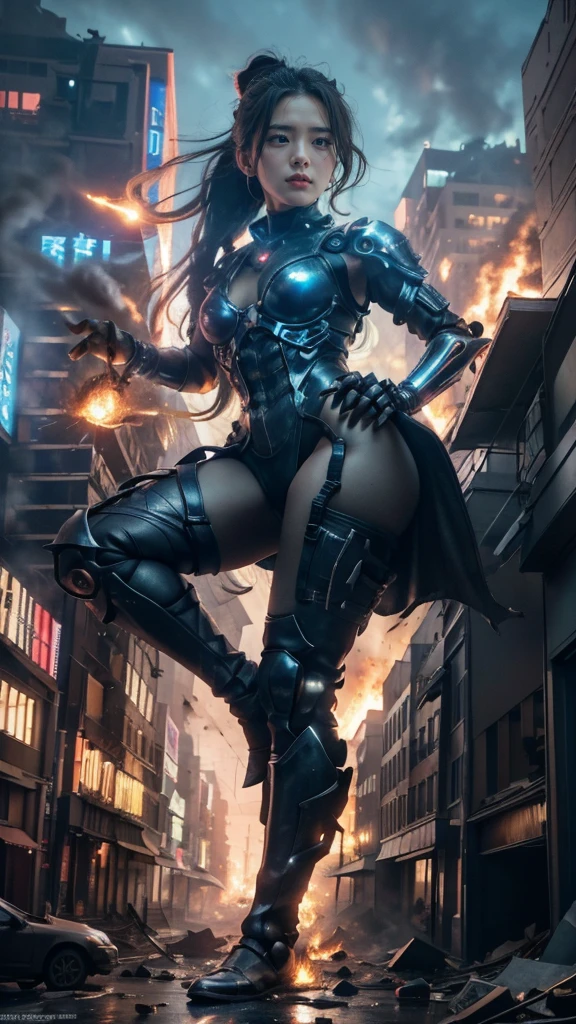(giant girl elements, high resolution, high resolution, high quality, accurate body structure, detailed body), sexy, battle suit, towering giant girl, looking up at approaching woman from below, giant attacks city, cute, girl destroying small town, destroying small town, mischievous expression, Japanese, white skin, smiling, trampling buildings, rubble, burning small town, destroyed small building, collapsed highway, car being crushed, evacuation of residents, sunset, burning small town, please, walk, trampling, anatomically correct, accurate human body, accurate skeleton, full body portrait, blue eyes, rubble scattered at feet, taller than skyscrapers, big impact, amazing, giant girl elements, draw women big, increase destructive elements, make city smaller, rampaging, city, building, monster, light beam from girl's hand, magic, shock wave from girl's hand, Godzilla, war,