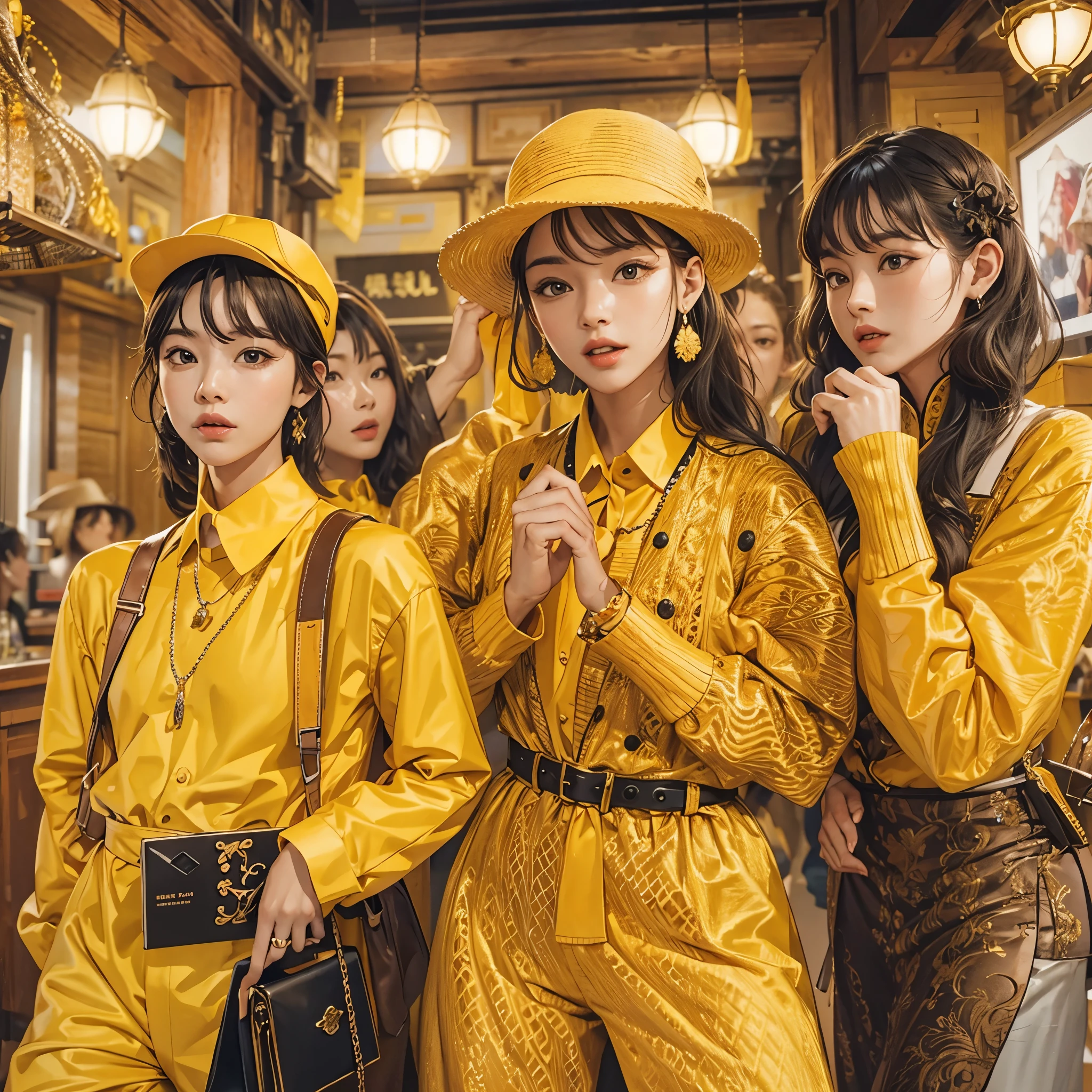 A man dressed as a master craftsman in yellow and a man dressed as an entrepreneur in yellow、Adventurer man wearing yellow clothes、A quartet of female entertainers dressed in yellow。Stylish and cool with a fashion model-like pose、Make it look like a K-pop idol。