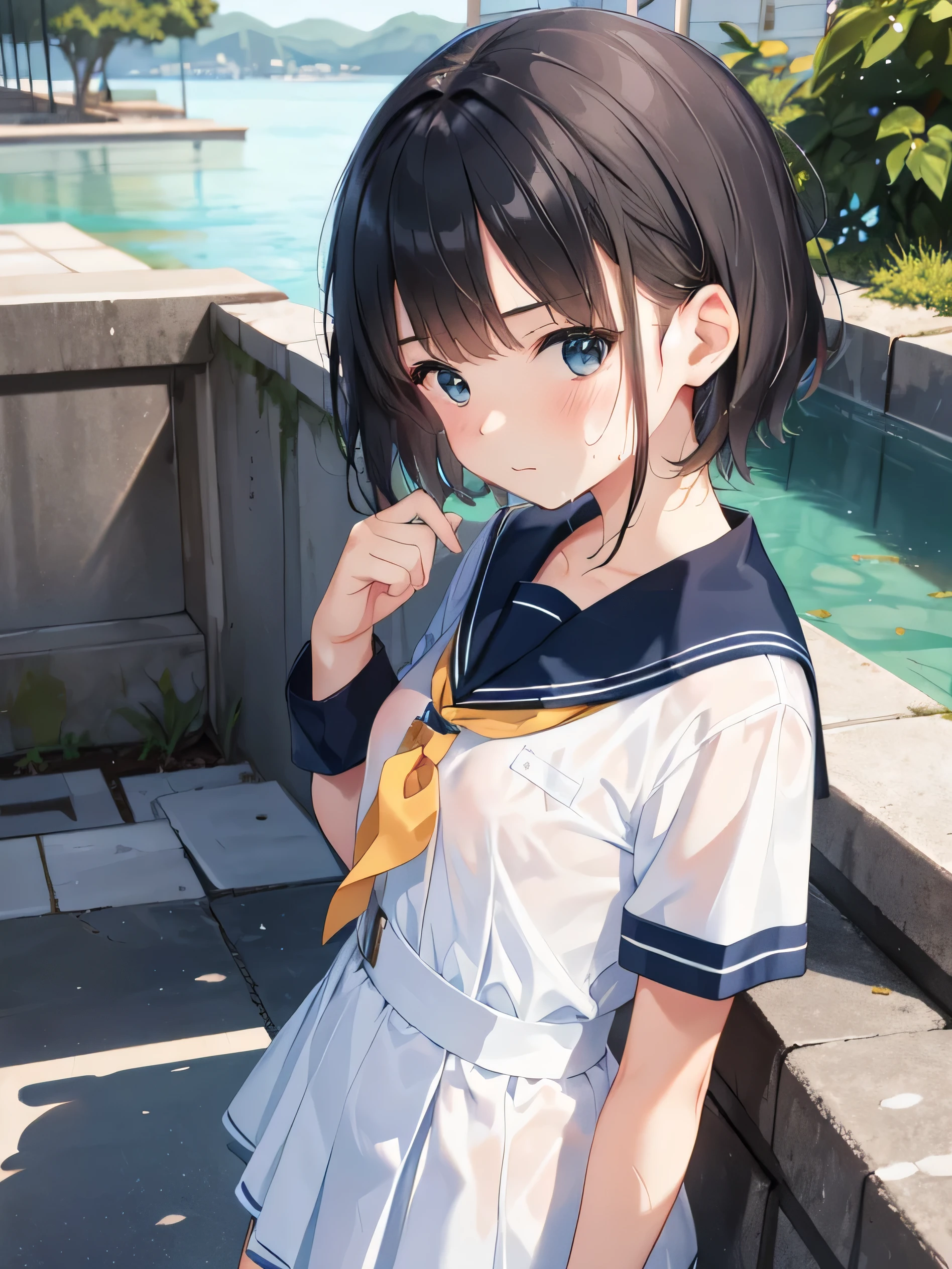 2 The girls face each other, face shame, Short hair, surreal, 4K, professional photos,  girl, HDR, detailed face, uniform (open sailor uniform, wet school uniform, inner wearing), masterpiece, (light), beautiful background, realistic background, realistic photo