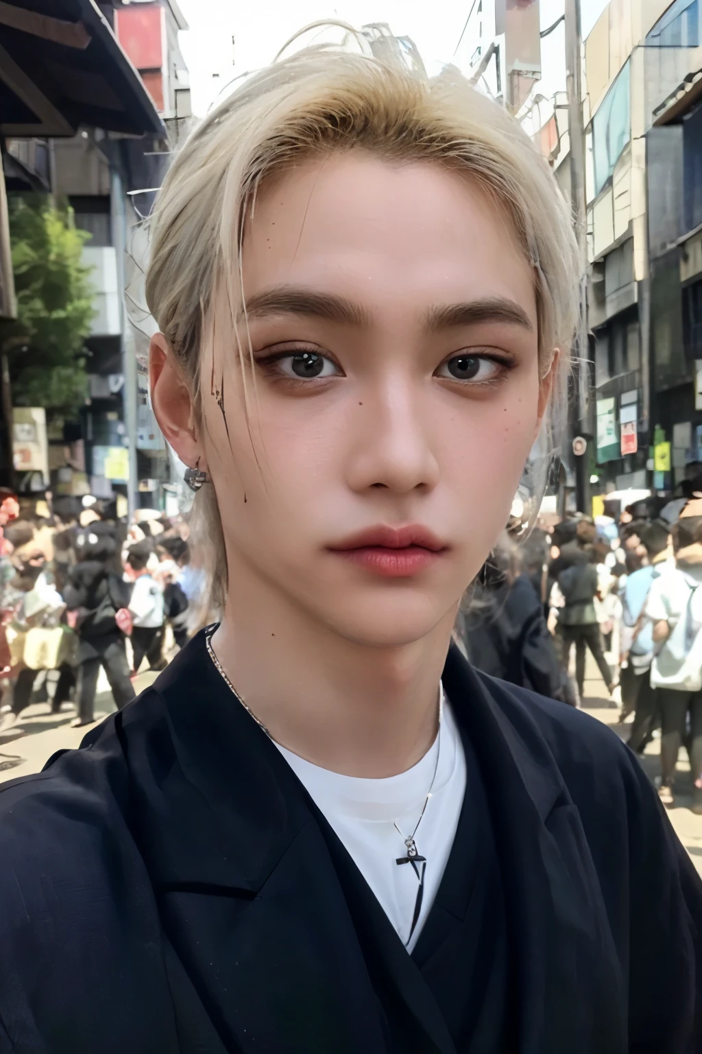 ((highest quality, 8K, masterpiece: 1.3)), Tokyo City、Handsome boy in street fashion:1.5, 20-year-old、Delinquent boy、 well-groomed face, black hair color、thin face、（white skin:1.5）、whole body、black eyes、boy with makeup、Super handsome、sexy eyes、Extra-fine face, handsome nose, small eyes and face, beautiful lighting, High resolution, detailed mouth, smile, whole body: 1.5, perfect body shape、super slim，medium hair、silver accessories、center, (full length) 