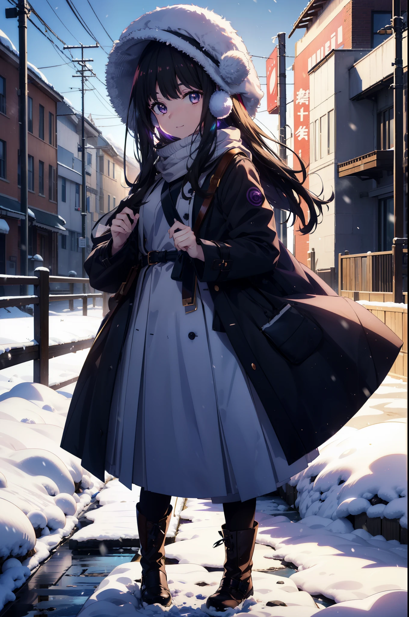 Takiuchikami,Long Hair, bangs, Black Hair, (Purple eyes:1.2),happy smile, smile, Open your mouth,White knit hat,Earmuffs,Blue oversized coat,White scarf,Long skirt,Black pantyhose,short boots,snowが積もっている,snowが降っている,winter,Cold Sky,night,moonlight,snow,snow,snow,snow,whole bodyがイラストに入るように,Walking,
break looking at viewer, whole body, 
break outdoors, city,construction area,
break (masterpiece:1.2), highest qualそれy, High resolution, unそれy 8k wallpaper, (shape:0.8), (Beautiful and beautiful eyes:1.6), Highly detailed face, Perfect lighting, Extremely detailed CG, (Perfect hands, Perfect Anatomy),