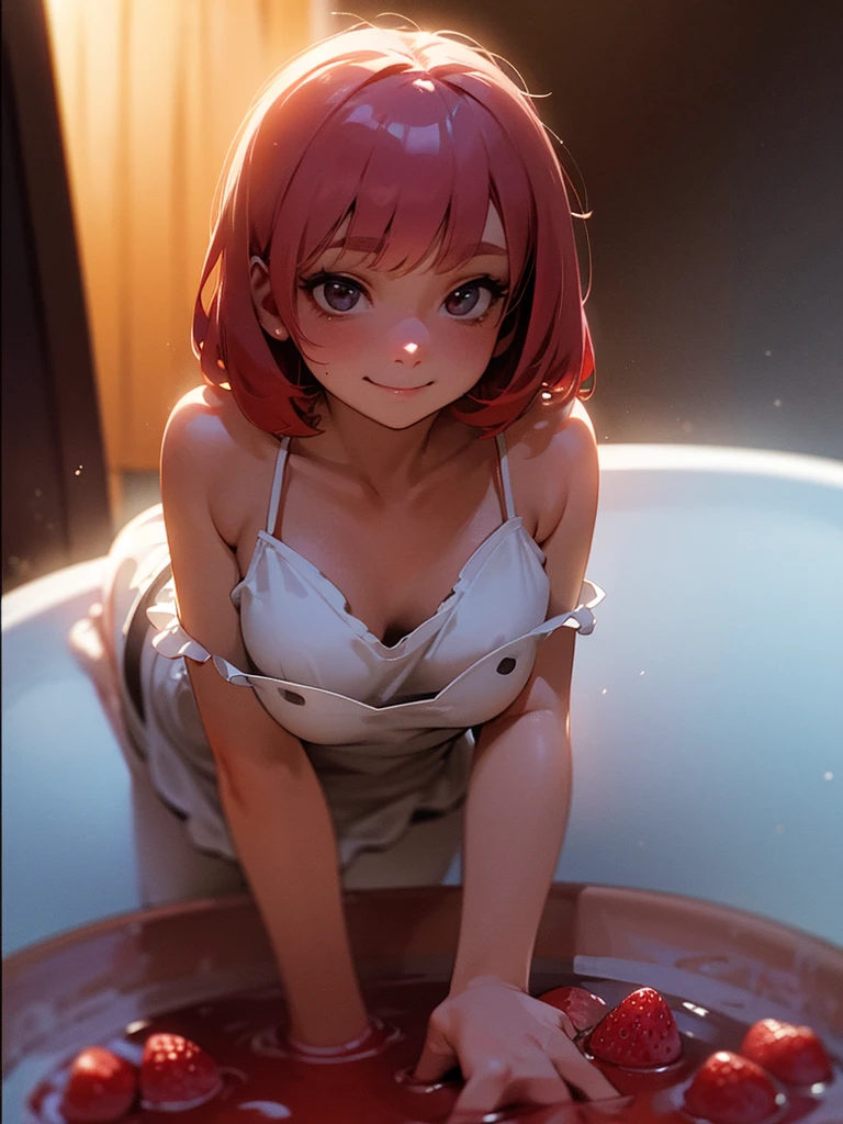 (masterpiece, best quality, ultra-detailed, 8k, wallpaper, photorealistic), ((perfect hands)), ((perfect anatomy)), ((large breasts)), long round legs, round ass, ((alluring anime girl, wet ginger hair, pixie bob)), ((bubble bath, bathtub, soaped naked, soaped blue water)), ((medium shot)), ((sensual pose))