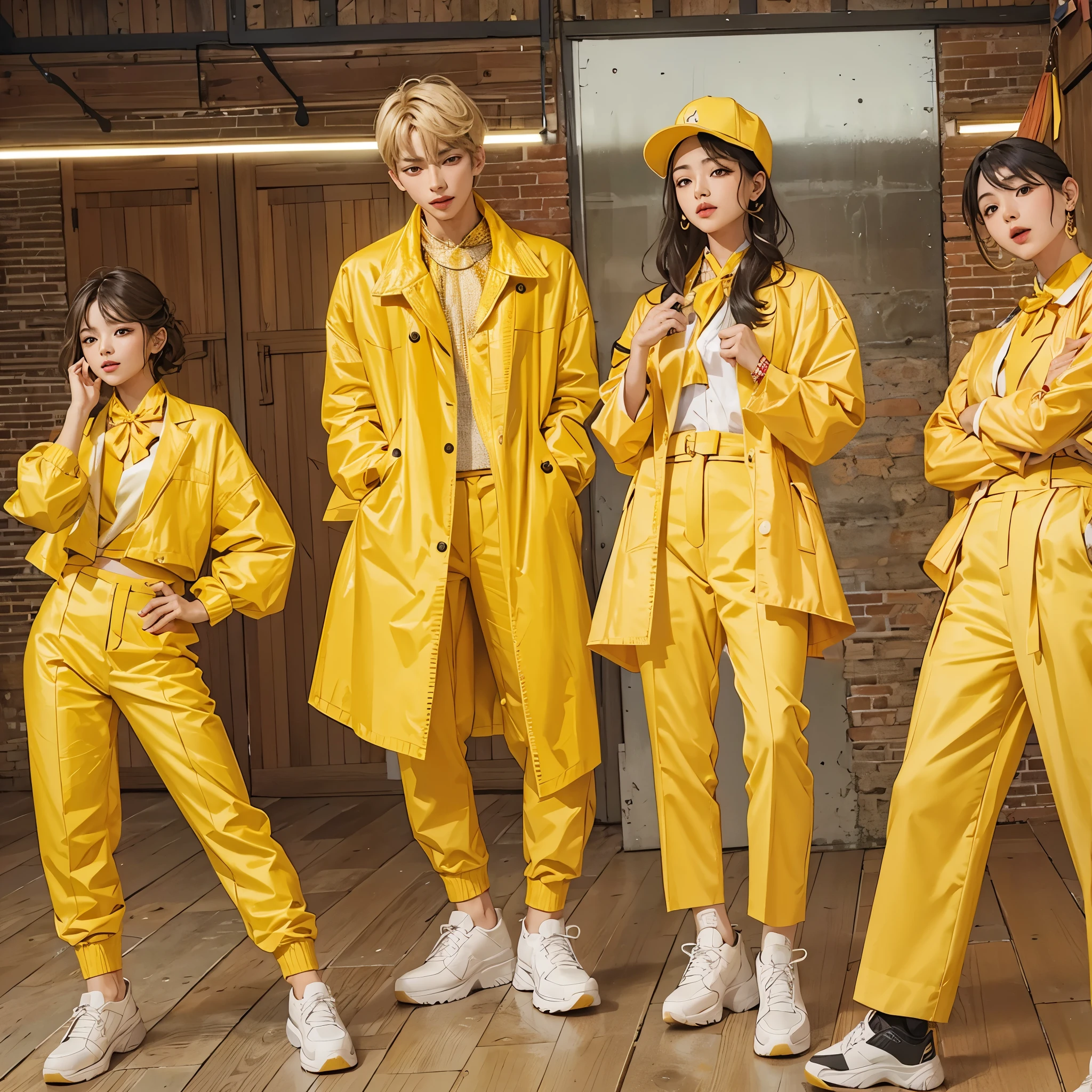 A man dressed as a master craftsman in yellow and a man dressed as an entrepreneur in yellow、Adventurer man wearing yellow clothes、A quartet of female entertainers dressed in yellow。Stylish and cool with a fashion model-like pose、Make it look like a K-pop idol。