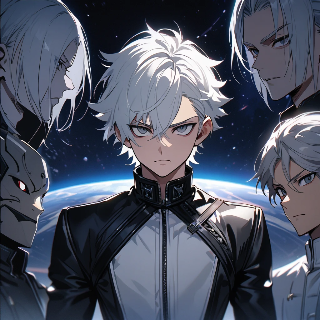 High quality, HD, 4k, no shadows, handsome male, 1male, 17 years old, teenager, short white hair, silver hair, white hair, sharp eyes, dark grey colored eyes, deep grey eyes, grey eyes, devil may cry, close up, calm expression, stoic expression, black leather clothes, white leather clothing, lean body, well trained body, upper body, looking at viewer, cowboy shot, white solar, space background