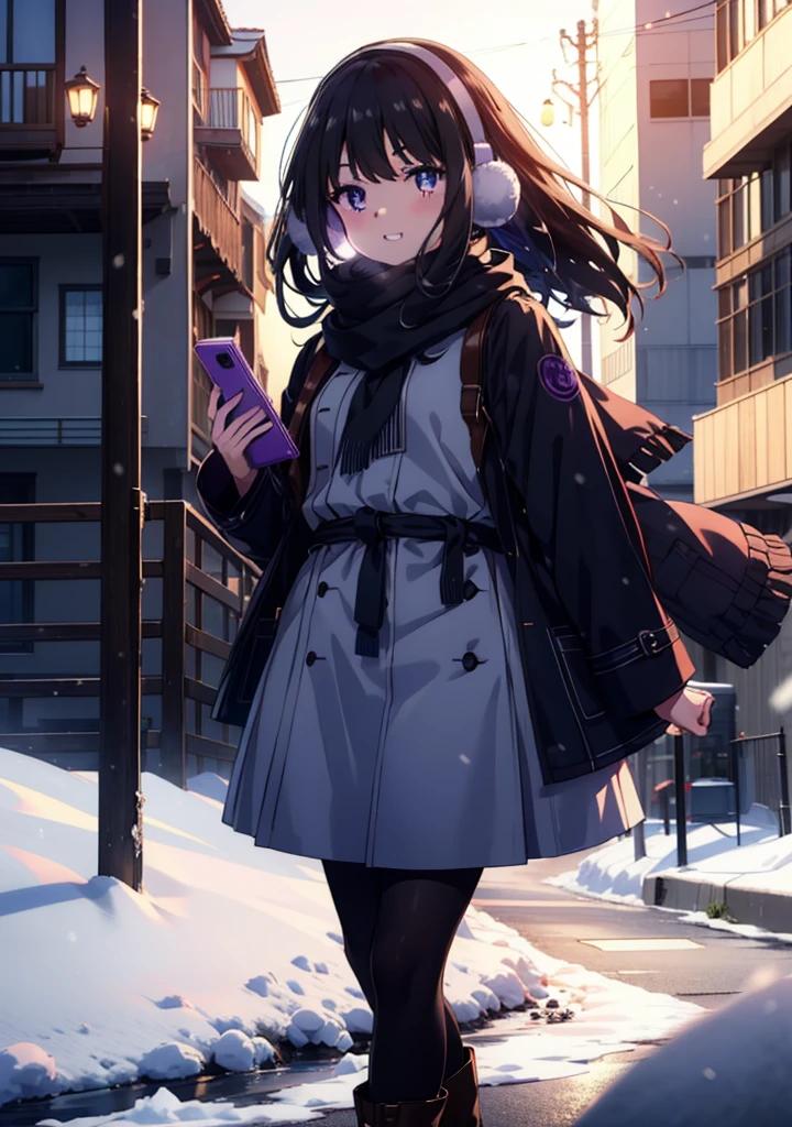 Takiuchikami,Long Hair, bangs, Black Hair, (Purple eyes:1.2),happy smile, smile, Open your mouth,Earmuffs,Blue oversized coat,White scarf,Long skirt,Black pantyhose,short boots,snowが積もっている,snowが降っている,winter,Cold Sky,night,moonlight,snow,snow,snow,snow,whole bodyがイラストに入るように,Walking,
break looking at viewer, whole body,
break outdoors, city,construction area,
break (masterpiece:1.2), highest qualそれy, High resolution, unそれy 8k wallpaper, (shape:0.8), (Beautiful and beautiful eyes:1.6), Highly detailed face, Perfect lighting, Extremely detailed CG, (Perfect hands, Perfect Anatomy),
