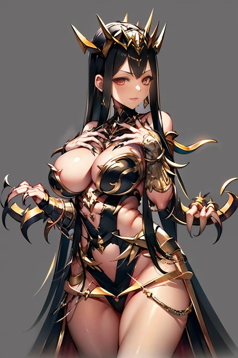 hand on own chest, hands up, black hair, bare shoulder, red eyes, very long hair, cleavage, large breasts, dress, showgirl skirt, high-leg, cleavage cutout, tiara, bare thighs, gauntlets, bare shoulder, (((((((((bare nails, bare fingers, bare hands, good hands, best hands, Correctly aligned fingers, extremely detailed hands and fingers, ultra detailed hands and fingers, super detailed hands and fingers, perfect female hands and fingers, biologically accurate hands and fingers, 4 fingers and 1thumb accurate hands and fingers, beautiful hands and fingers, hands and fingers drawing, human hand and fingers, perfect arrangement of fingers, detail focus hands, perfection hands, better hands))))))))), adult face, fearless face, both arms, two arms, both hands, two hands, super fine illustration, masterpiece, masterwork, by famous artist, official art, ultra high res, best quality, high quality, Hand, detailed, perfect, perfection , hands, both hands is Thumb and index finger and middle finger and ring finger and little finger, symmetrical hands, even hands, panties,