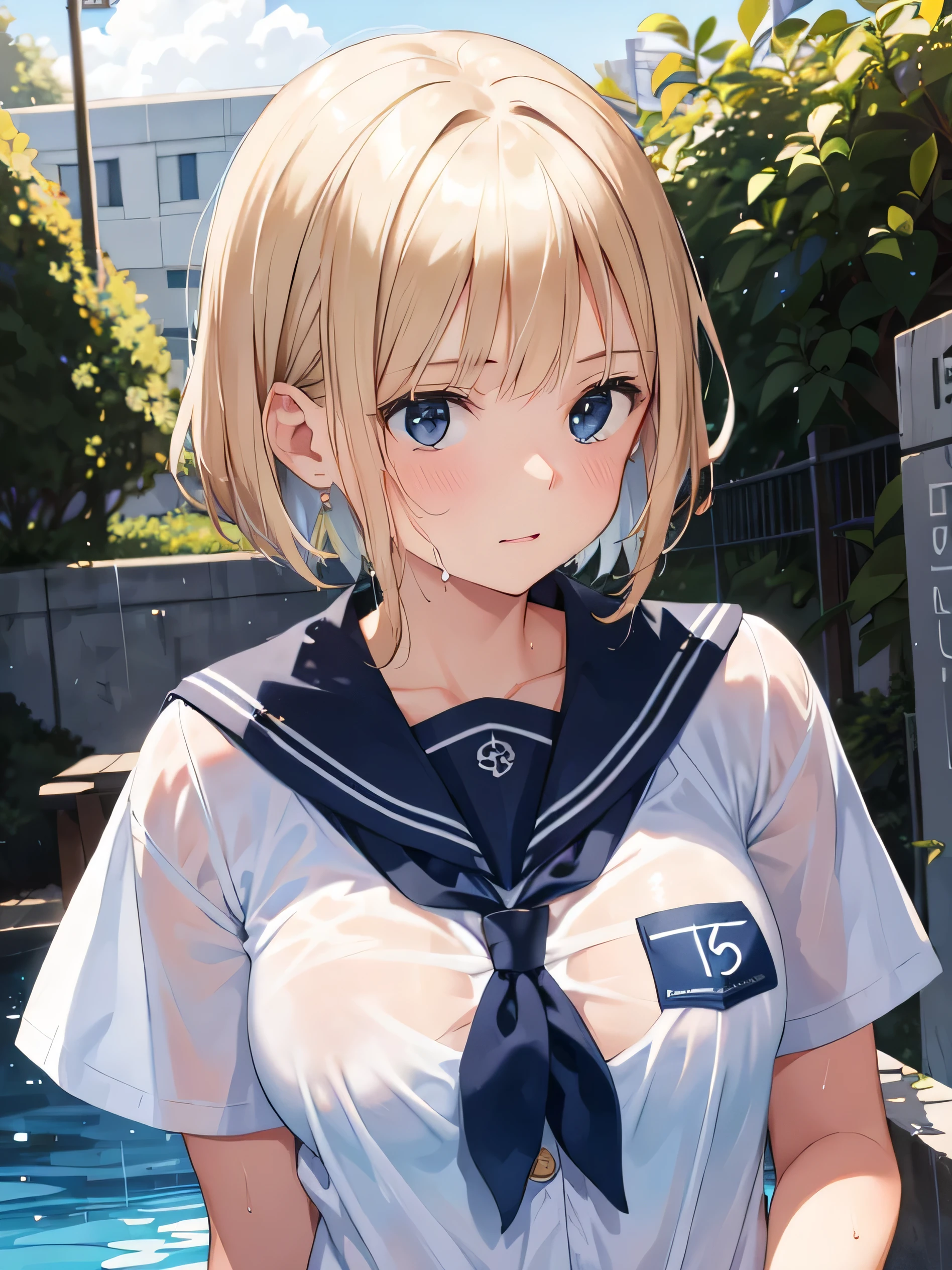 2 The girls face each other, face shame, Short hair, surreal, 4K, professional photos, 16 year old girl, HDR, detailed face, uniform (open sailor uniform, wet school uniform, inner wearing), masterpiece, (light), beautiful background, realistic background, realistic photo