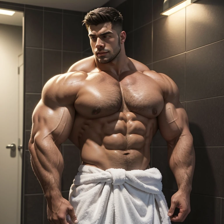 a very handsome young man, massively muscular, with massively large muscles, with massively large and muscular biceps, with massively large and muscular arms, massively muscular bodybuilder, extremely large muscular, shirtless, with a towel wrapped around his waist, in a bathroom