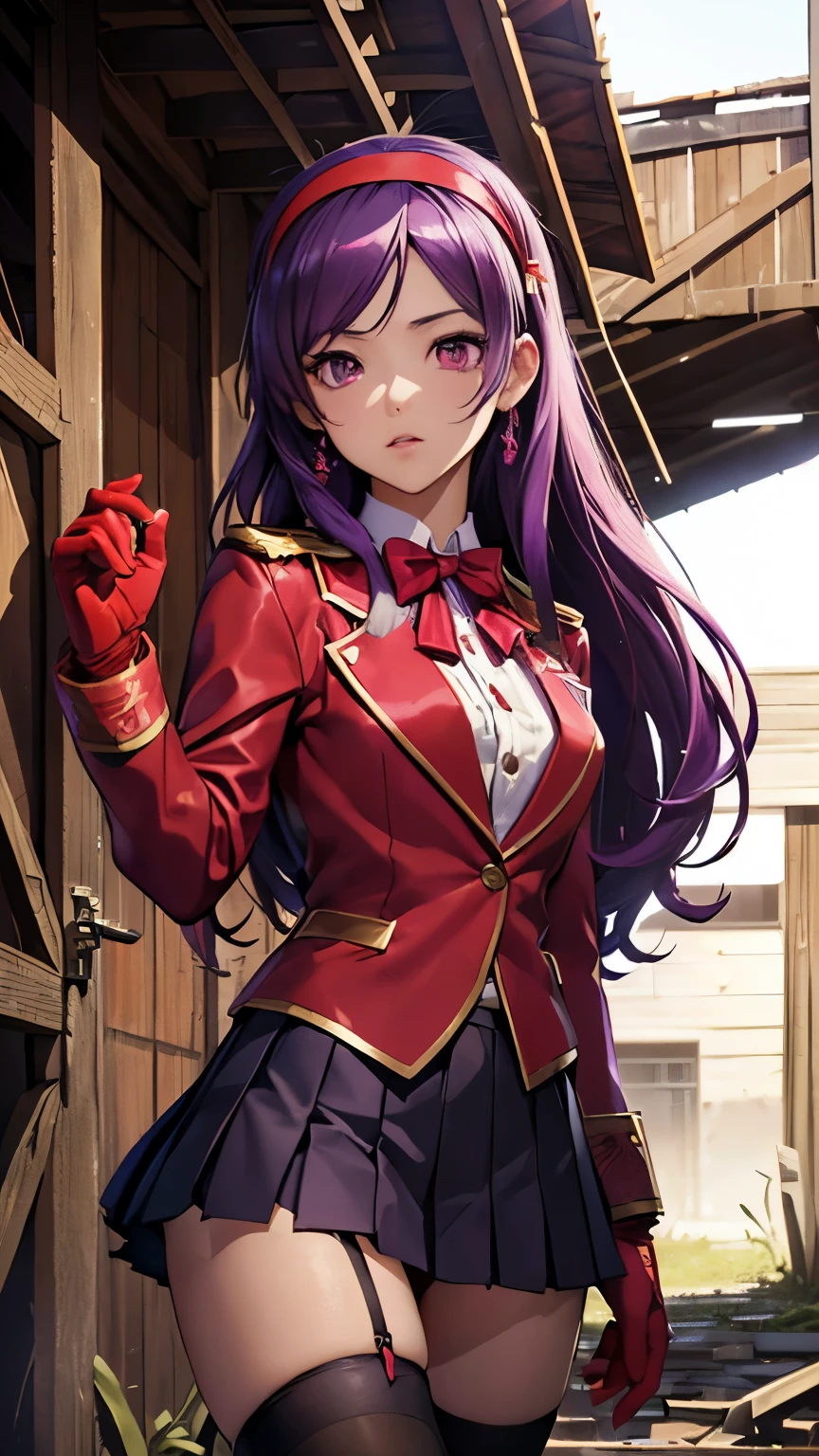 Athena Asamiya，((Beautiful purple long hair，Red headband))，(8k，Realistic，RAW Photos，Highest quality:1.28)，Beautiful Face，Realistic lips，Beautiful and detailed hair，Charm，Intricate details，Very beautiful and detailed eyes，(Red Blazer Uniform，Red gloves on both hands，Pleated mini skirt，Black Tin High Stockings:1.35)，Sexy expression，Intricate details，Supermodel，A pure and righteous super idol，(Provocative sexy poses:1.25)，(Sexy panties visible:1.27)，Detailed Pixels，Dynamic Angle，((A small, dark and rundown barn:1.23))，Professional Lighting，((Pussy juice:1.1))