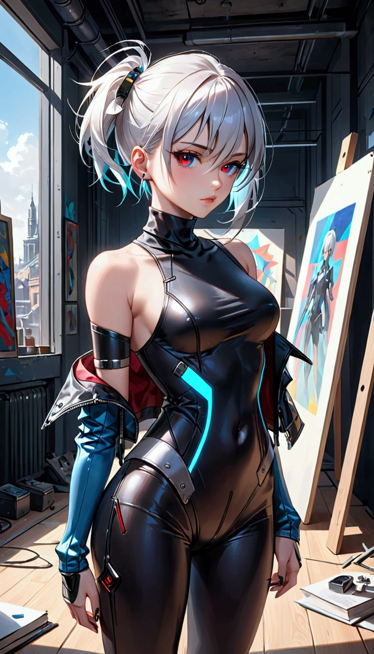 cyber punk edgerunners, 1 girl, Lucia (cyber punk), bared shoulders, blue colored eyes, breastsout, skintight, looking ahead at viewer, medium breastsout, shoulder to shoulder jacket, Off The Shoulder, red eyeliner, shorth hair, sleeveless turtleneck skintight, standing alone, turtleneck skintight, White hair, ((work of art)) (best qualityer, work of art)