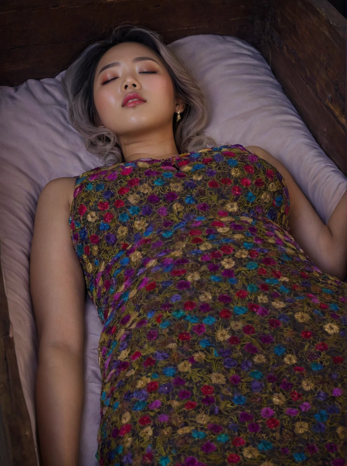 In a striking 8K HDR scene, a stunning Korean woman, 22 years old, lies peacefully in a coffin and coffin cover surrounded by plush pillows. The deep box is set against a rich black background, accentuating the beauty of the subject. Her exquisite deep-V neckline kebaya attire is embroidered with superb detail, showcasing her round and firm breasts, perfect cleavage, and beautiful eyebrows. Her closed eyes and mouth give an air of serenity, while her visible and absolute cleavage leave nothing to imagination. The scene is bathed in saturated colors, highlighting every intricate aspect from the ball skirt to her clean face, straight body, detailed hand perfect hands, straight body, own hands together, own hand on stomach, detailed hands, perfect hands.