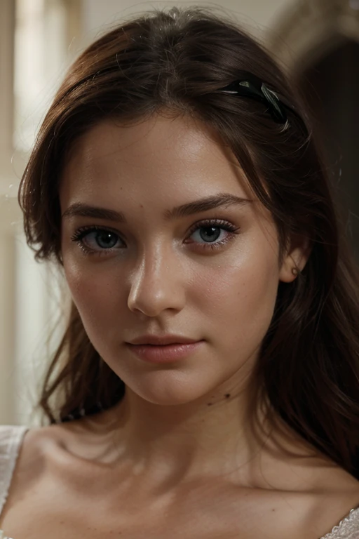 Belle fille, Detailed face, yeux verts , model photo, Romantique, peau parfaite, noir, realistic, surprise,