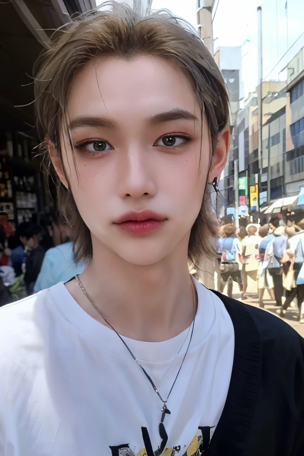 ((highest quality, 8K, masterpiece: 1.3)), Tokyo City、Handsome boy in street fashion:1.5, 20-year-old、Delinquent boy、 well-groomed face, black hair color、thin face、（white skin:1.5）、whole body、black eyes、boy with makeup、Super handsome、sexy eyes、Extra-fine face, handsome nose, small eyes and face, beautiful lighting, High resolution, detailed mouth, smile, whole body: 1.5, perfect body shape、super slim，medium hair、silver accessories、center, (full length) 