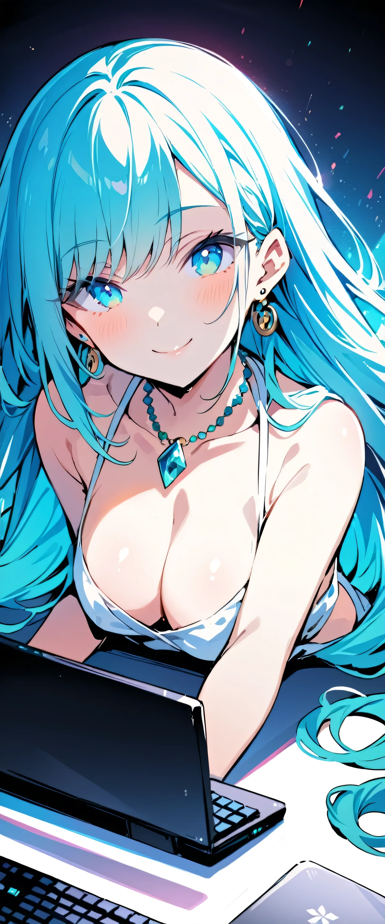 masterpiece, Highest quality, Very detailed, figure,(One girl),Beautiful attention to detail, View your viewers, (Holding a computer keyboard), Happy, (Turquoise Hair:1), (Blue round eyes:1), (Round earrings), (turquoise large gemstone necklace), Cute round face, Long Hair, smile, Fantasy,