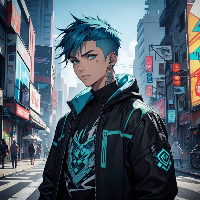 Young man, Blue cyberpunk hair in a wolf cut, green eyes, handsome, piercings, street style clothes, blue tiger shirt