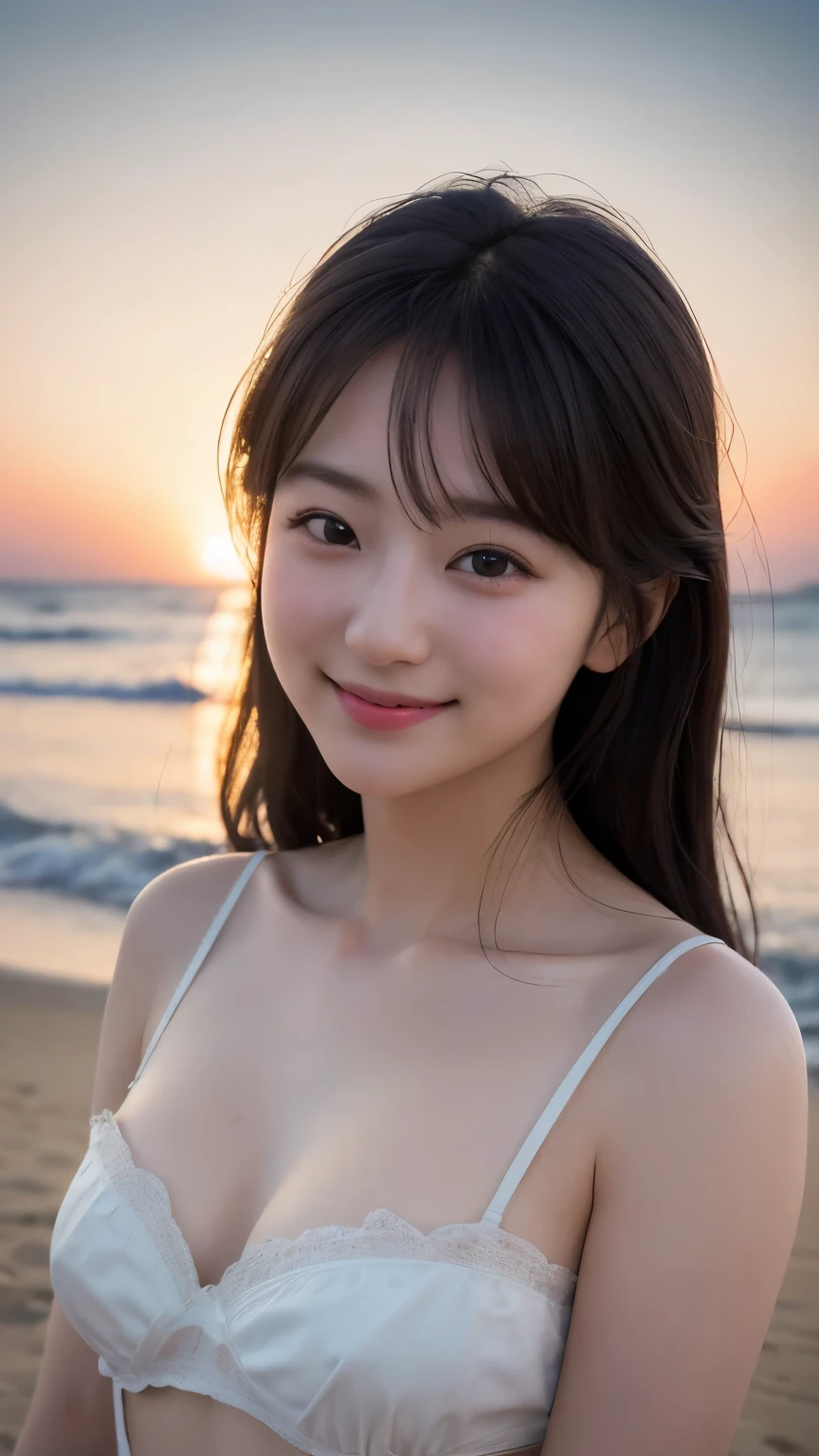 (RAW Photos, Highest quality), (Realistic, Photorealistic:1.3), masterpiece, Very delicate and beautiful, Soft Light, Beautiful detailed girl, (Detailed fingers), 1 girl, Japanese, Pure beauty, cute, young, smile, Beach,sexy