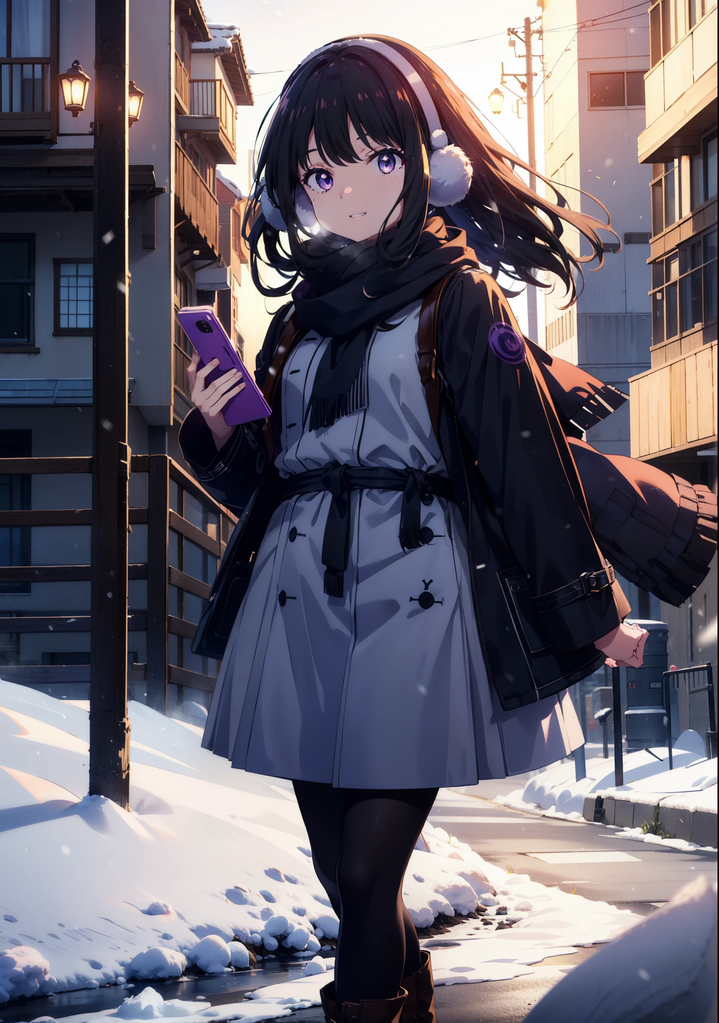 Takiuchikami,Long Hair, bangs, Black Hair, (Purple eyes:1.2),happy smile, smile, Open your mouth,Earmuffs,Blue oversized coat,White scarf,Long skirt,Black pantyhose,short boots,snowが積もっている,snowが降っている,winter,Cold Sky,night,moonlight,snow,snow,snow,snow,whole bodyがイラストに入るように,Walking,
break looking at viewer, whole body,
break outdoors, city,construction area,
break (masterpiece:1.2), highest qualそれy, High resolution, unそれy 8k wallpaper, (shape:0.8), (Beautiful and beautiful eyes:1.6), Highly detailed face, Perfect lighting, Extremely detailed CG, (Perfect hands, Perfect Anatomy),