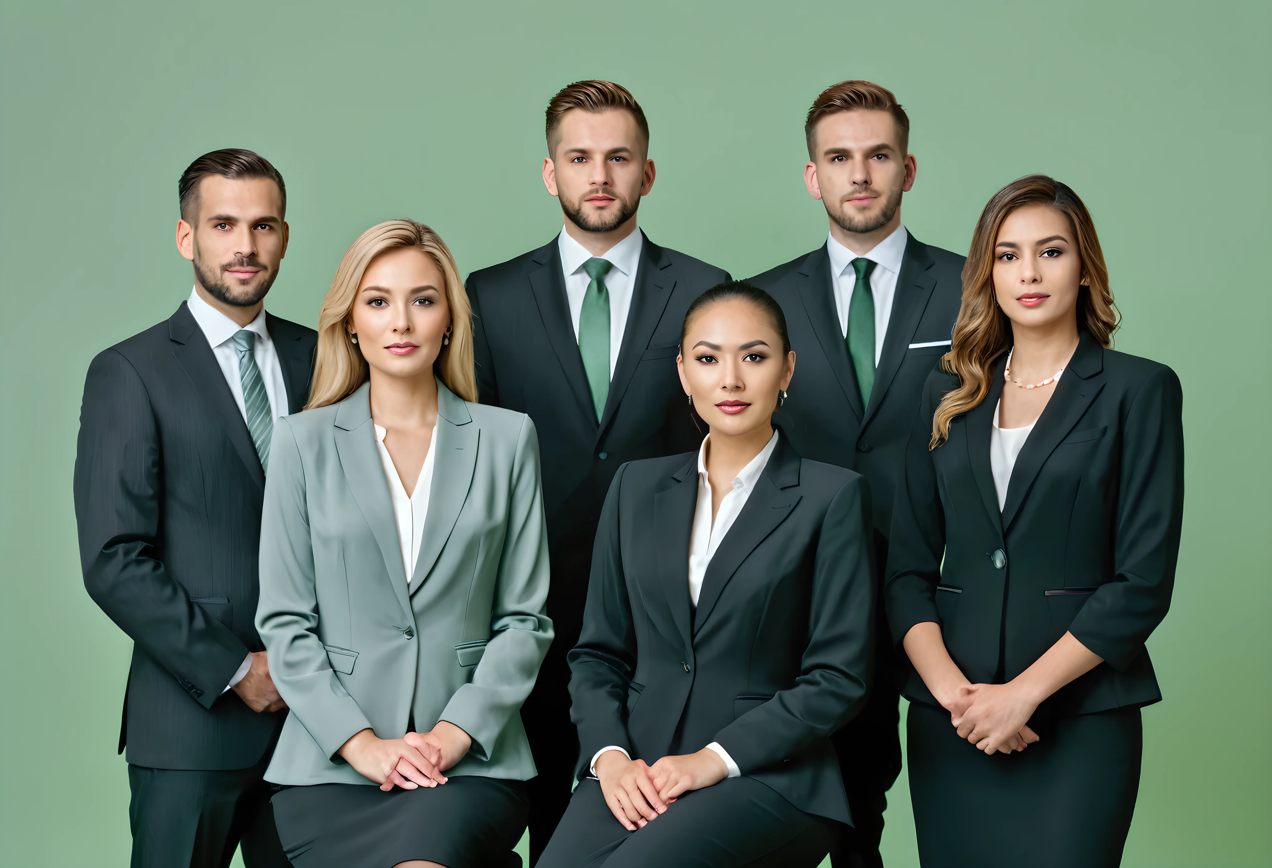 a group of 3 men and 2 women in formal business attire standing and sitting, confident and looking directly at the viewer, full body shot , gray green background 