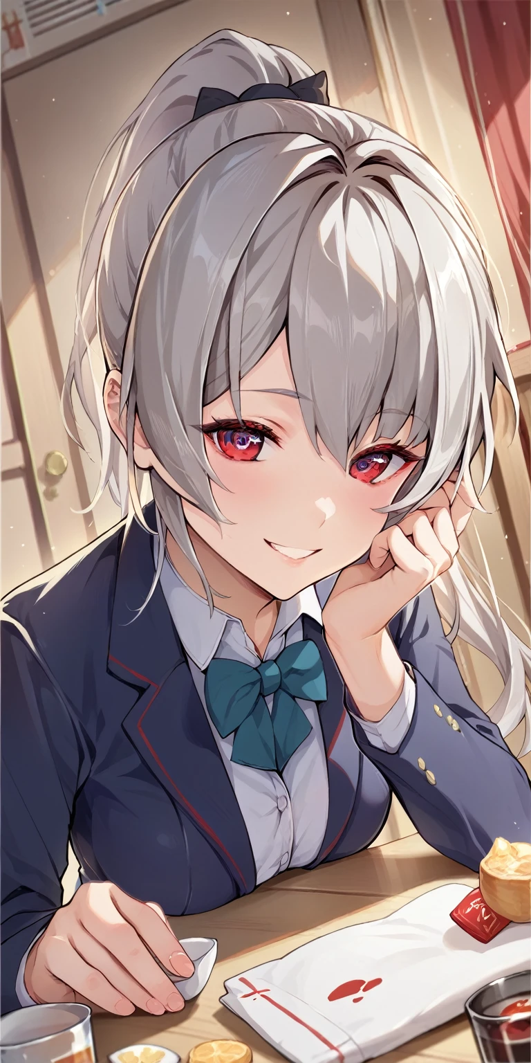 score_9, score_8_superior, score_7_superior, sauce_anime, One girl,Red eyes,smile, room, wariza, ponytail,Grey Hair, Portraiture, blazer, author: houkisei