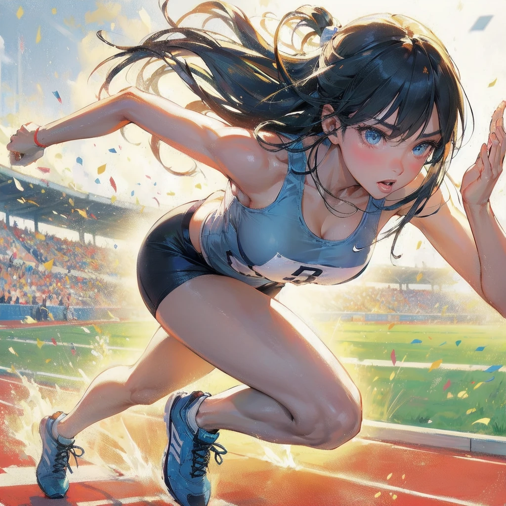  masterpiece, (textured skin), best quality, gorgeous beautiful girl, (a female track and field athlete), detailed clothes,large breasts,narrow waist,, (beautiful face), cinematic lighting, (at track and field ),