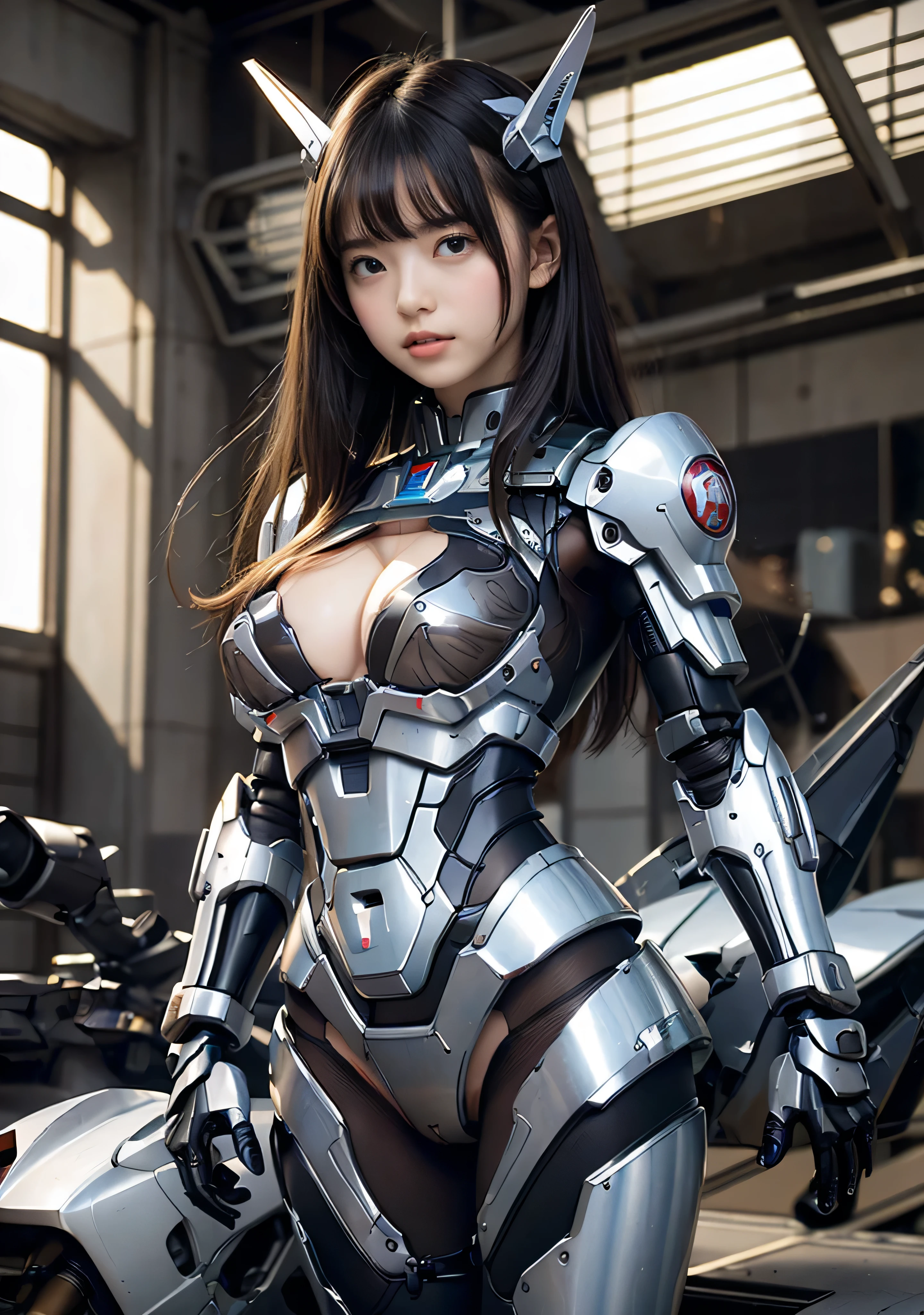 (masterpiece, 最high quality:1.2), 8k, Young and beautiful girl, Tabletop,Official AR RAW Photos, 、14 years ul black hair, (((Big Breasts:1.4))), Cleavage, Raw skin shoulder, Rough skin, (Completely naked:1.4), Mechanical parts that hide nipples, (Exposed lower abdomen:1.4), Machine parts attached to the crotch, The lower half of the body with exposed bare skin, Thin pubic hair, Very detailed, Advanced Details, high quality, 最high quality, High resolution, 1080P, hard disk, beautiful,(Gundam), Battle Mode,She wears a futuristic Gundam mecha, (Blurred Background:1.4),