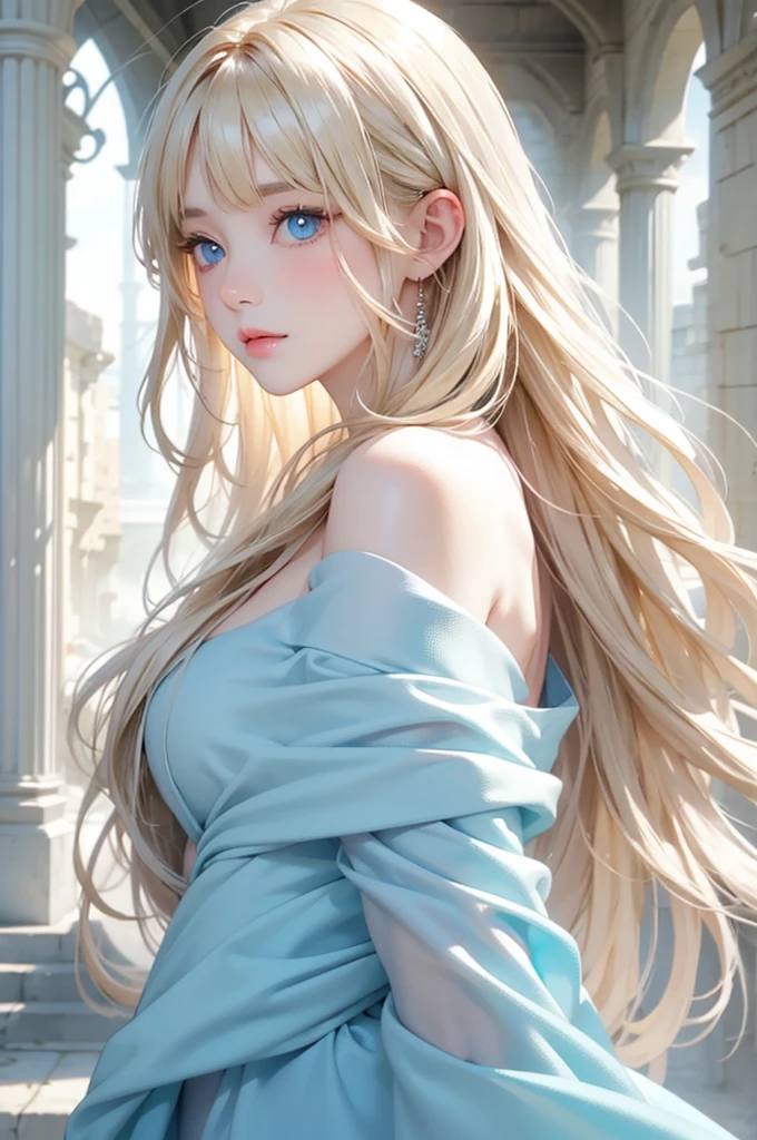 Beautiful white and shining skin、Blonde hair changes color depending on how the light hits it.、Long bangs obstruct the view、Highlights of cheek luster、Sexy, very beautiful, adorable, cute, gorgeous face、The most beautiful face in the world、Super long and gorgeous blonde hair、Smooth straight hair、big, light blue eyes shimmering、Beautiful Bangs、Beautiful and cute 16 year old girl、medium breasts, from side, Off-the-shoulder clothing、background:GB, ruins