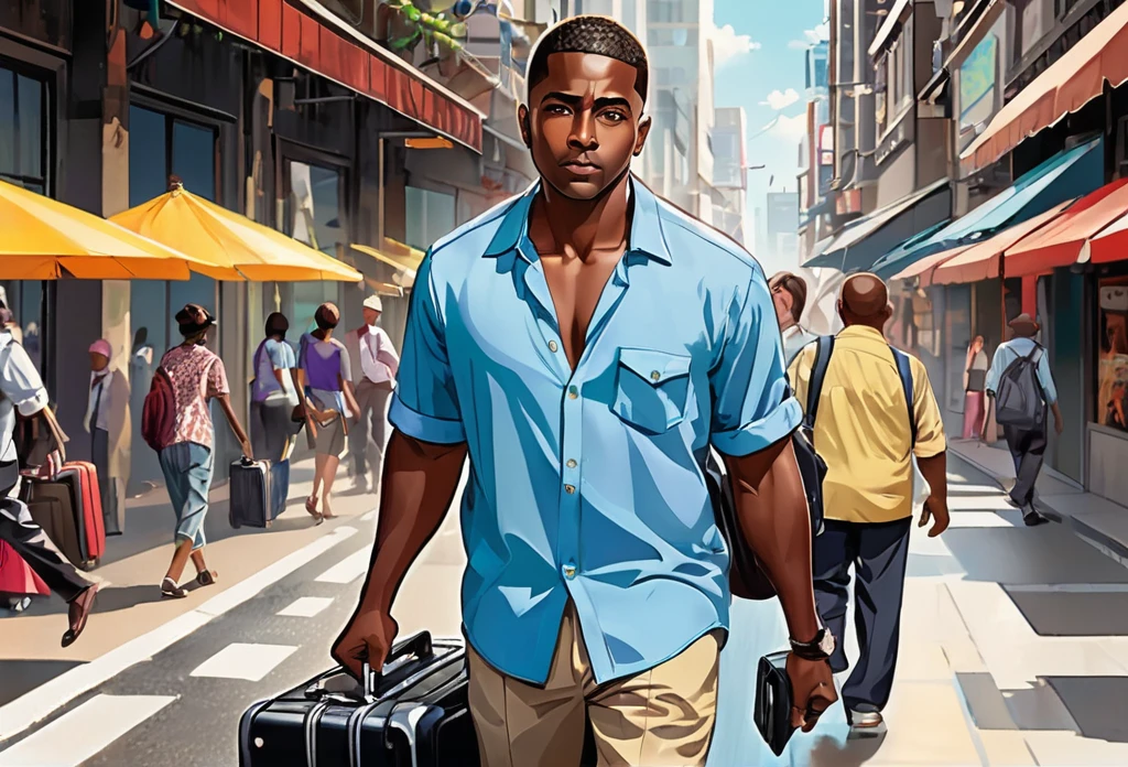 A black man wearing shirt and pants, walking, carrying a luggage same character front view
(masterpiece best quality:1.2) delicate illustration ultra-detailed, illustrations, bright, colourful,