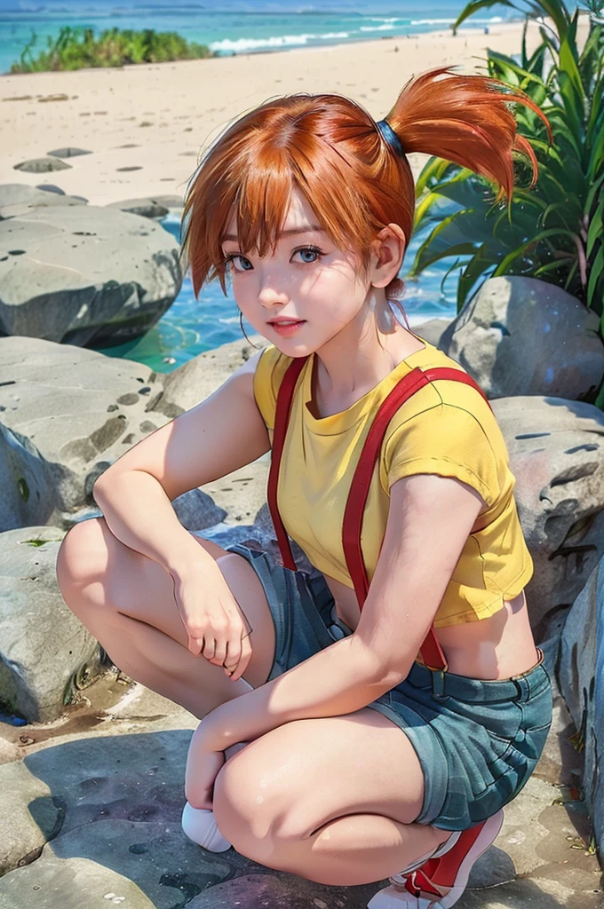 (masterpiece,Highest quality,In 8K,Very detailed,High resolution,Realistic:1.2), (Small plain yellow shirt, Red suspenders, Navy blue risqué denim hot pants, Emphasize the V-line, Beautiful barefoot, White socks, Red sneakers:1.5), (Orange Hair, Short Side Tail:1.3),(Squatting on rocks on a tropical beach:1.5), (Shooting from the thigh up:1.5),(Turn your face slightly to the side:1.2), (18 year old Japanese female:1.3), (Lean upper body:1.3), (Thicken your thighs:1.3), (View of the subject from below:1.2), (Draw the details of the costume:1.3), smile, I can see your teeth, Eyelash extensions,Pink lipstick, Red teak