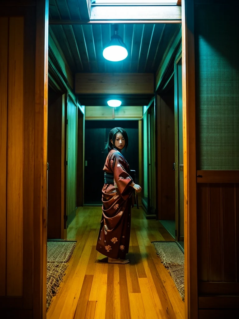 Create a realistic horror movie photo inspired by Japanese horror movies like "Ju-On." The image should be vertical (9:16 aspect ratio) and depict a terrifying elderly female oni (demon) in a traditional Japanese kimono. She should be shown from head to toe in a bizarre, unsettling pose. The background should be a typical horror movie setting, such as an old, dimly lit Japanese house with worn wooden floors, tattered sliding doors, cobwebs, and eerie shadows. Ensure the image is highly detailed and lifelike.