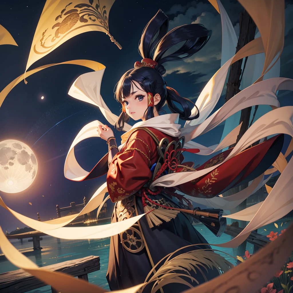 最high quality、high quality、、Japan in the Mythical Age、Embroidered national costume、Bride Girl、Moonlight meadow、moonlight、Long dress