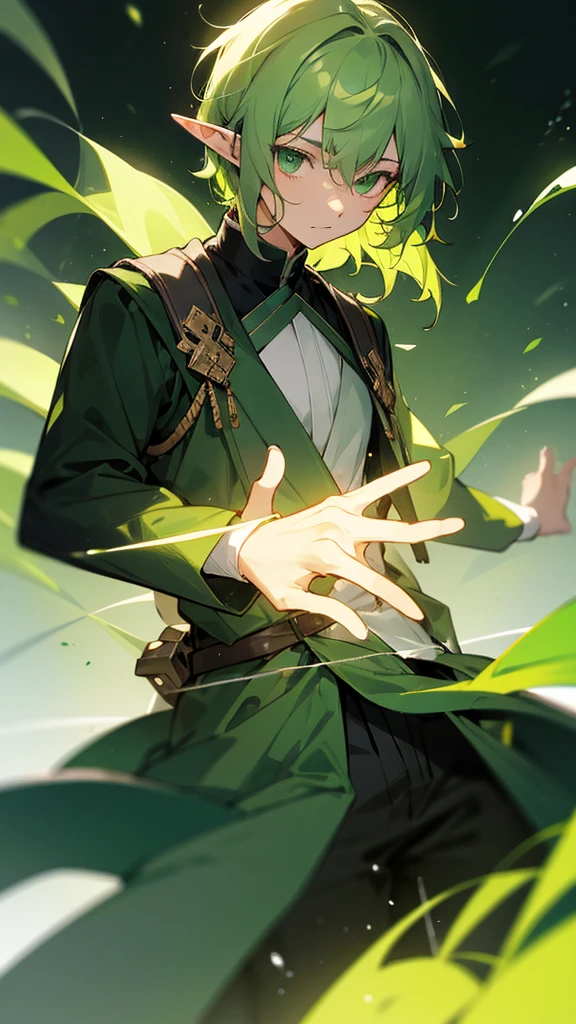 A man with short, wavy green hair, Emerald green eyes, dressed in a plain black yukata, has ears like an elf, and surrounded by green light.
