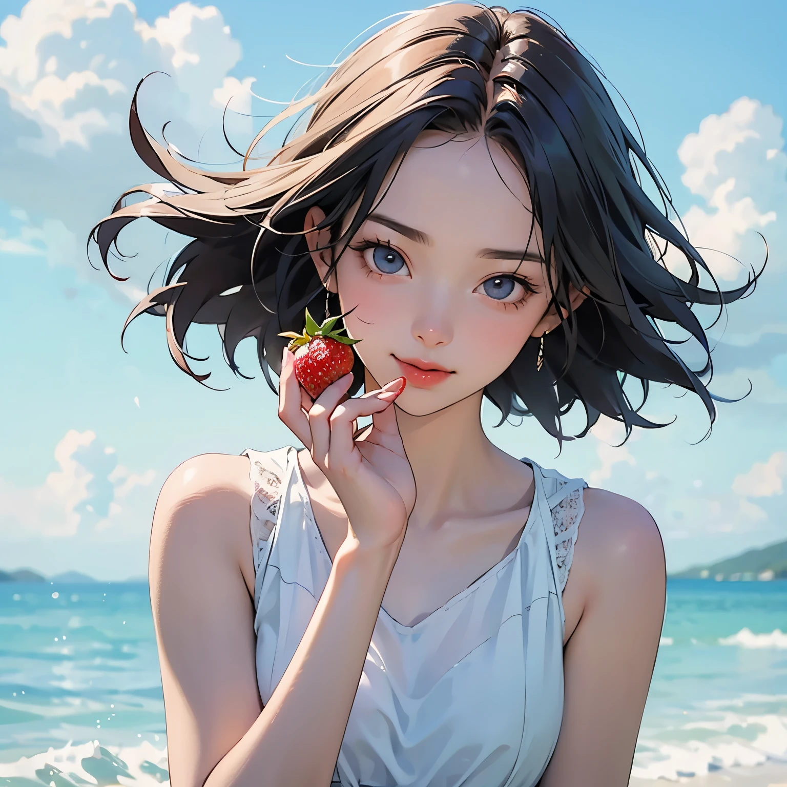 Summer seaside scene photo、One girl, alone、(I bring a red strawberry to my mouth and kiss it:1.4)、17 years old、Beautiful Face、Short Hair、Blowing in the Wind、Wearing a white sleeveless mini dress、Frolic with the waves、Blue sky and white clouds、Beautiful sea、Photorealism、Detailed Description、Artistic photography、(Highest quality, masterpiece, High resolution)、4K、wallpaper、