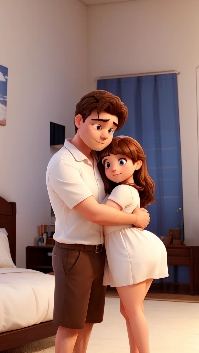 2 adult man and woman 30 year old, handsome man hugging girl in front The girl is sleeping on the bed with both her legs spread out over her, girl masterpiece, ultra realistic, girl wearing a white dress, boy wearing a hot white dress, girl crying face, girl Big breast,thick body,