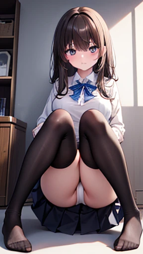 Top quality, masterpiece, High resolution, (Head to toe full body), front, frontやや下からの構図, Symmetric, Tall 18 year old girl, alone, (Head to toe), Large Breasts、 Unkempt brown hair, bangs, (black tights), (Black Pantyhose), (Sit with your legs apart), (Crouching pose), (Composition showing white panties), (Her legs were spread、I see your white pants.), (I was made to sit on the floor with my legs spread..), (M-shaped legs), Thin legs, A very beautiful and tall 18 year old girl, (No shoes), blush, Shy big eyes, looking at the camera, Blazer Uniform, Checkered Pleated Skirt