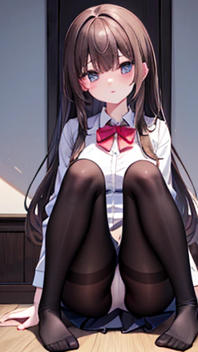 Top quality, masterpiece, High resolution, (Head to toe full body), front, frontやや下からの構図, Symmetric, Tall 18 year old girl, alone, (Head to toe), Large Breasts、 Unkempt brown hair, bangs, (black tights), (Black Pantyhose), (Sit with your legs apart), (Crouching pose), (Composition showing white panties), (Her legs were spread、I see your white pants.), (I was made to sit on the floor with my legs spread..), (M-shaped legs), Thin legs, A very beautiful and tall 18 year old girl, (No shoes), blush, Shy big eyes, looking at the camera, Blazer Uniform, Checkered Pleated Skirt