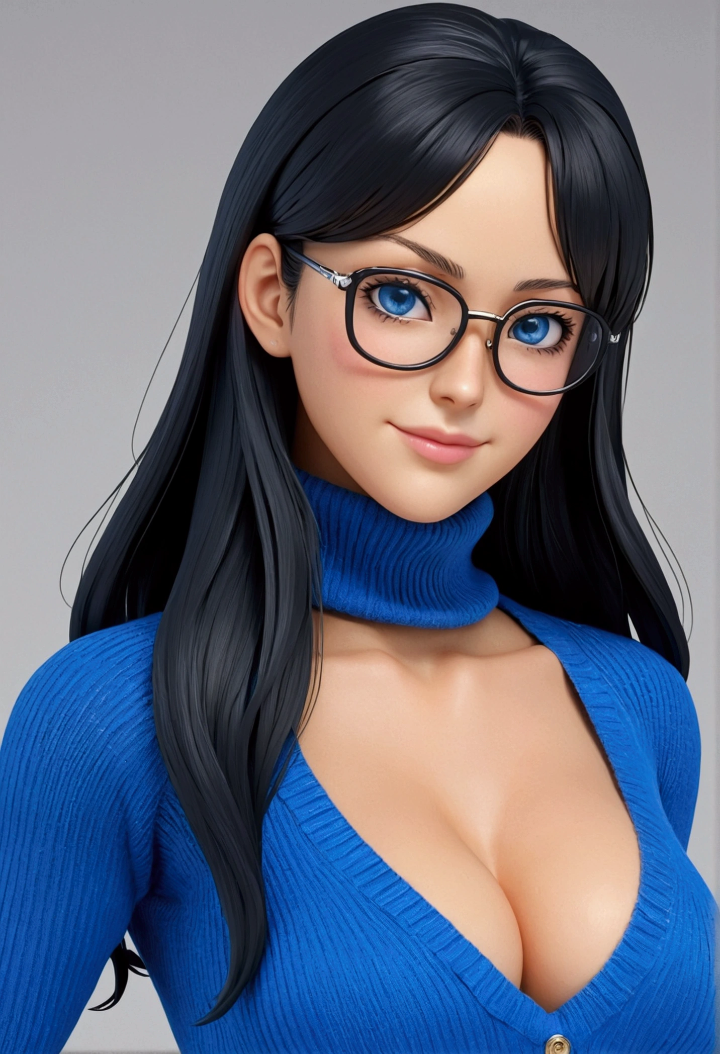 (Masterpiece), high quality, best quality, extremely detailed eyes, extremely detailed body, blush, highly detailed, Nico robin, one piece, black hair, blue eyes,  looking at viewer, long hair, blush, large breasts, 1girl, forehead, solo, long hair, smile, upper body, blue sweater, hand on hip, turtleneck, eyewear on head, ribbed sweater