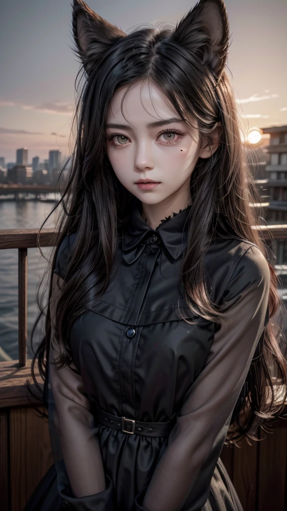 Don't Starve style, masterpiece, best quality, ultra-detailed, illustration, 1girl, black long hair, full red eyes, wolf ears, black mantle, fluffy collar, sunset
