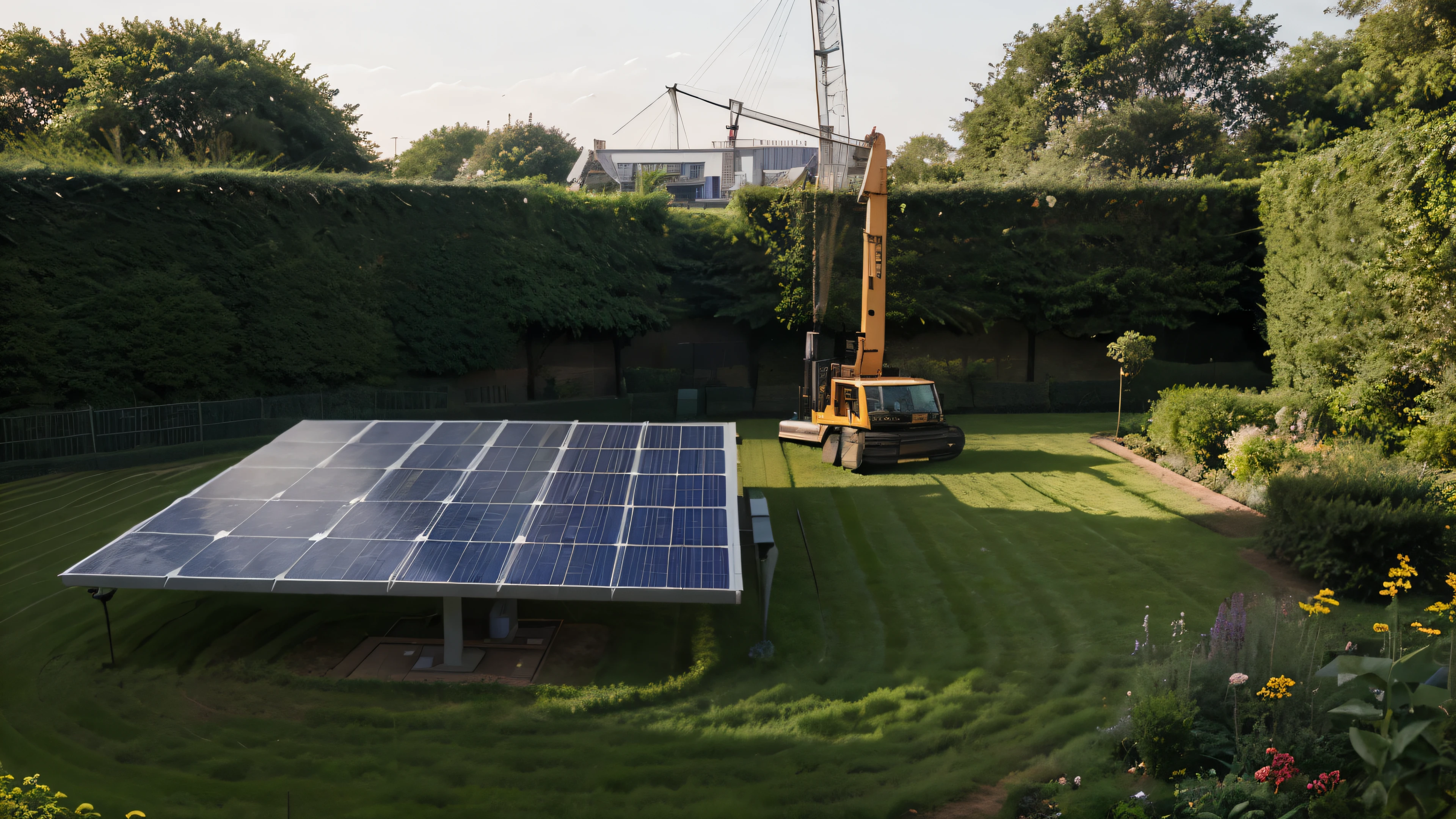 There is a big garden where a solar panel is lying and a big crane is standing.