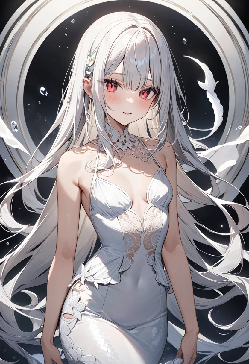 (masterpiece, top quality, very aesthetic, 4k、illustration), intricate detail, 1woman,、solo,contrapposto 、Strong glowing eyes、,(cowboy shot)、、(),beautiful face、from side、clear face、straight hair、(red to white gradient hair)、,middle hair,sidelock ,レッド　eyes、white Summer MermaidDresses、small breasts、Slim 、dim