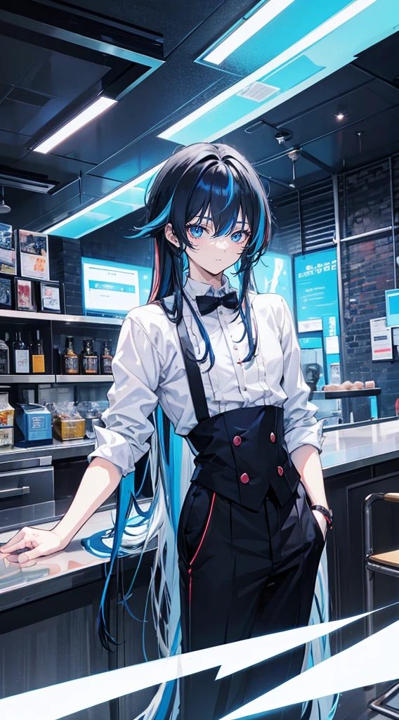 black hair, ((highlights hair, Blue streaked hair)),Anime young man dressed as a bartender, tall,Light blue eyes, Wolf Cut, HD Anime, 4k anime wallpaper
