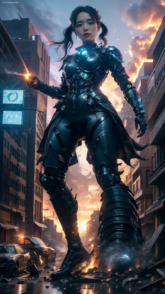 (giant element, high resolution, high quality, accurate body structure, detailed body), sexy, battle suit, towering giant girl, looking up at approaching woman from below, giant attacks city, cute, girl destroying small town, destroying small town, mischievous expression, Japanese, white skin, smiling, trampling, rubble, burning small town, destroyed small building, collapsed highway, car being crushed, evacuation of residents, sunset, burning small town, please, walk, trampling, anatomically correct, accurate human body, accurate skeleton, full body portrait, blue eyes, rubble scattered at feet, taller than skyscrapers, big impact, draw woman big, increase destructive element, make city small, rampaging, city, building, monster, light beam from girl's hand, magic, shock wave from girl's hand, Godzilla, war, fight Godzilla,