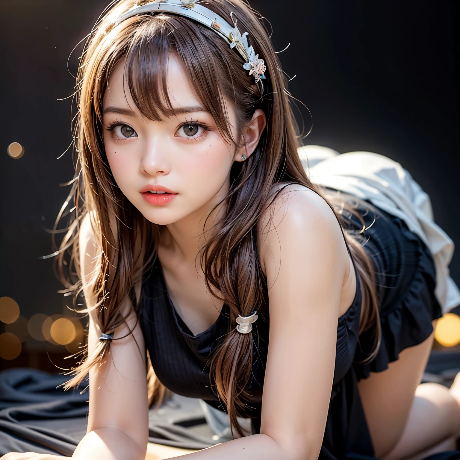 (Extremely Detailed ((Personification as a 12yo KAWAII girl of (" Brigitte Bardot "))) with Characteristics Items), High-level, 8K Masterpiece TopQuality Ultra-detailed CG, Absurd detailed wallpaper, PerfectLighting, aesthetic LifeLike Rendering, MysticSight, Haze Tyndall Scattering, (Studio GRAY Background with (Oodles Dazzling RainbowColorParticles (BokeH))), ((Assfocus) RoundlyButts ThighGap), (Exposed:0.5) 🔞 BREAK (Acutance:0.8), (NOGIZAKA FaceVariations) Extremely Detailed very KAWAII FaceVariations, Childish CaptivatingGaze Detailed Reflective Eyes with (SparklingHighlights:1.28), Detailed (Voluminous LongEyelashes:0.88)、Glossy RedLips with beautiful details, Kissable tongue, RosyCheeks, Radiant PearlSkin with Transparency, Glowing DowneyHair . { (Dynamic LifeLike expressions:1.4) | (:d) }, (large eyes:-1) .