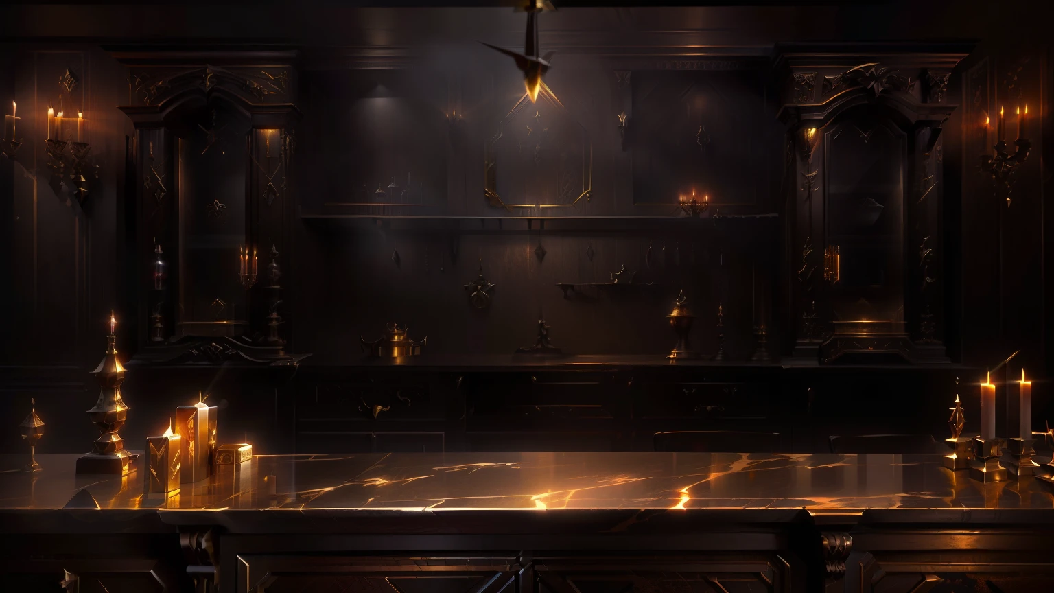 European décor，Weapon racks，Treasure Chest，gold，old，Wood Grain，Treasure and candles，wall lamp, Bar Background, Front desk close-up，table, Treasure Cabinet, Indoor Background Art Game Art，Diablo concept art，Realistic dark concept art，4K