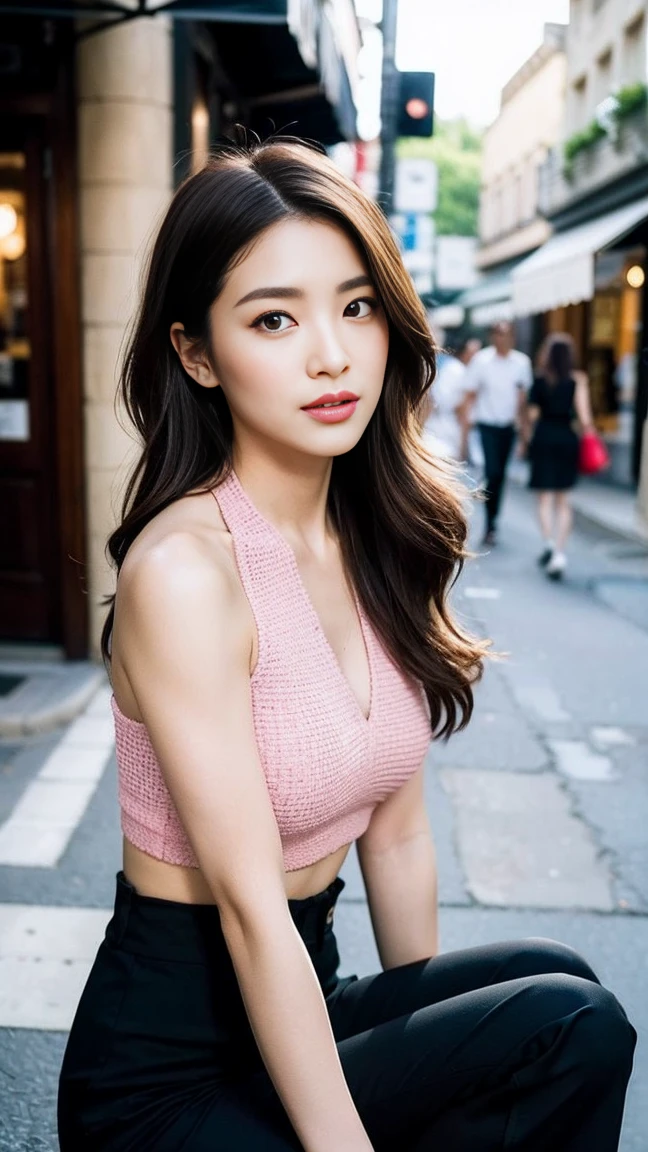 dark brown hair、Light brown eyes、Japanese actress、I am about 40 years old...、(My NTR More about my category:1.2)、(top-qual私ty:1.4)、 (Ultra-high resolution:1.2)、Ultra-high resolution、(Private Detective Data)、(Detailed facial features)、Hmph、8K resolut私on、D cup breasts、Long Hair、Obscene pose、Beautiful legs、Please open your mouth a little、Please lift your chin up a little、Light of the sun、A fashionable street in Paris、In front of the cafe、2Book legs、2Book Hand、Beautiful legs、Expressions of weakness、Posing with a sense of vulnerability、Shooting from an angle、Halter neck、chanel costume、Fashion Model、Wide-leg trousers、Crop top、Chanel fashion、Model pose、Black Pink Jenny's Pose、fashion magazineの写真、Standing pose、fashion magazine、