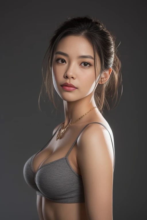 Asian Woman (sheはシャツを頭からかぶっている, sheのピンクのブラジャーをshow), necklace, Small breasts, Round shaped breasts, ((she)), ((Mid Shot, whole body, Narrow waist)), Updo、 Glowing Eyes, Red nose, Carl Larson, Alphonse Mucha, Chiaroscuro, Movie Glen, reflected light, (((Long Shot))), From knee to top,show ((())), masterpiece, Attention to detail, ((Gray background, Studio Light )) Touch Strap ,