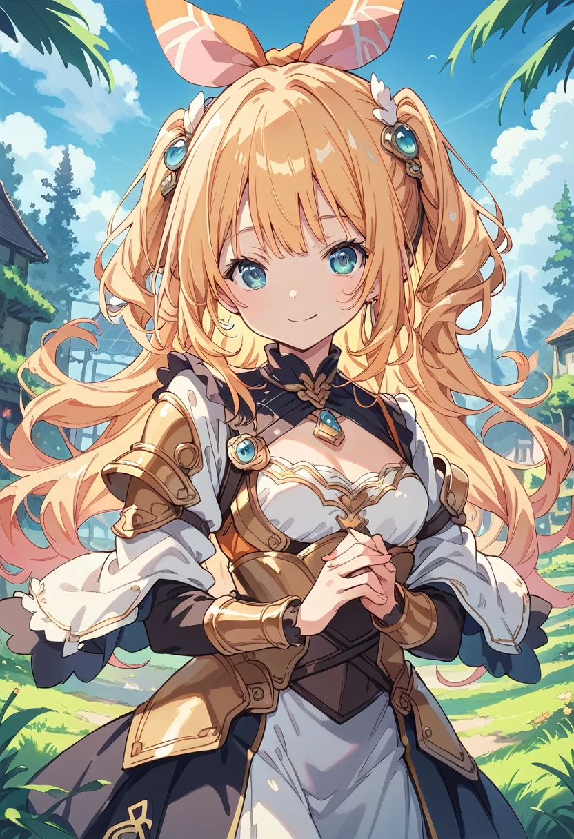 Create an anime-style illustration of a cute girl wearing armor. The armor should have a mix of functionality and elegance, with some cute and decorative elements like heart motifs or pastel colors. She should have a cheerful and energetic expression, and the overall style should be lighthearted and whimsical. The background can be a colorful fantasy landscape, such as a magical forest or a vibrant medieval town. Use bright colors and soft shading to enhance the anime aesthetic