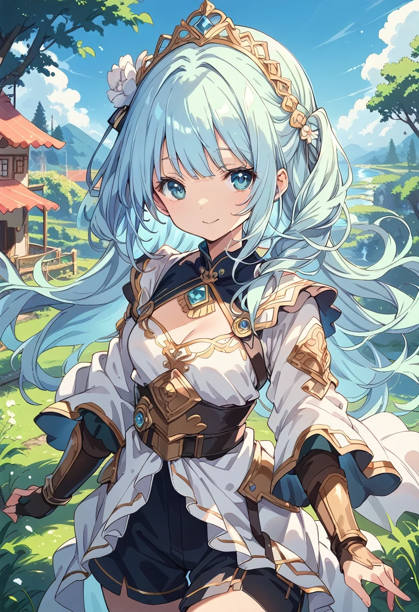 Create an anime-style illustration of a cute girl wearing armor. The armor should have a mix of functionality and elegance, with some cute and decorative elements like heart motifs or pastel colors. She should have a cheerful and energetic expression, and the overall style should be lighthearted and whimsical. The background can be a colorful fantasy landscape, such as a magical forest or a vibrant medieval town. Use bright colors and soft shading to enhance the anime aesthetic