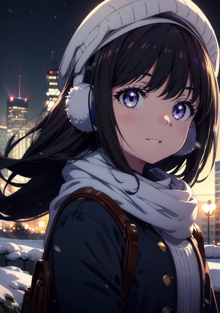 Takiuchikami,Long Hair, bangs, Black Hair, (Purple eyes:1.2),happy smile, smile, Open your mouth,Knitted hat,Earmuffs,Blue oversized coat,White scarf,Long skirt,Black pantyhose,short boots,snowが積もっている,snowが降っている,winter,Cold Sky,night,moonlight,snow,snow,snow,snow,whole bodyがイラストに入るように,Walking,
break looking at viewer, whole body,
break outdoors, city,construction area,
break (masterpiece:1.2), highest qualそれy, High resolution, unそれy 8k wallpaper, (shape:0.8), (Beautiful and beautiful eyes:1.6), Highly detailed face, Perfect lighting, Extremely detailed CG, (Perfect hands, Perfect Anatomy),