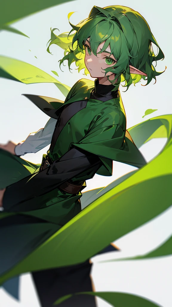 A man with short, wavy green hair, Emerald green eyes, dressed in a plain black yukata, has ears like an elf.