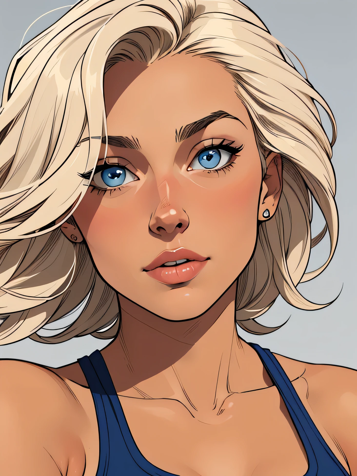 
Flat colors,close-up, portrait,  of a 25 year old surfer looking girl, tan skin, ([blue eyes]) Beach blonde salty hair, natural beaty, beautiful, casual, blue tank top, masterpiece, (([Simple grey background]))
